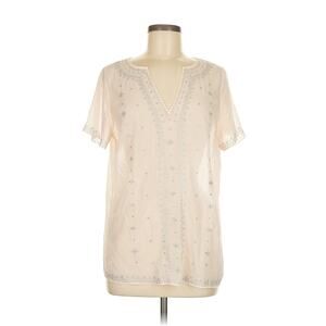 White House Black Market Sheer Embellished Blouse Beige Silver Beaded Boho Sz 4